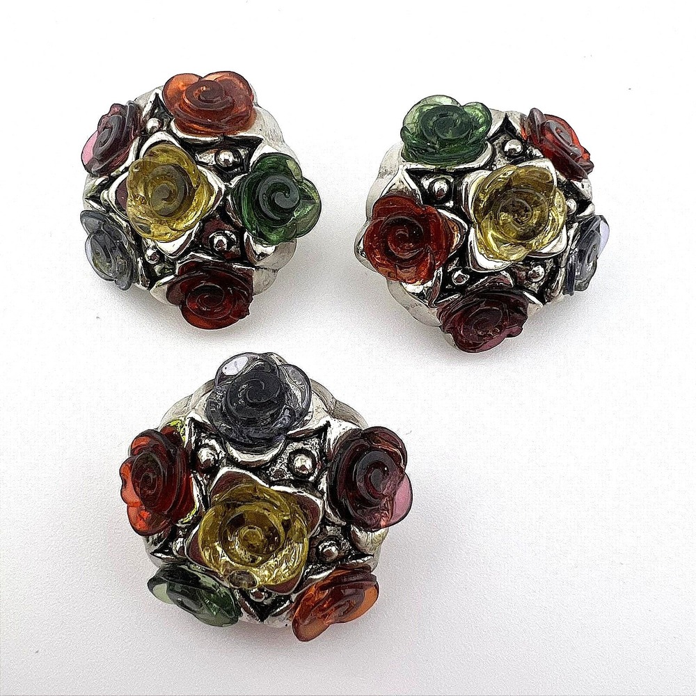 Set of 3 Silver Tone‎ Plastic Flower Buttons Colored Rose 1 1/8"